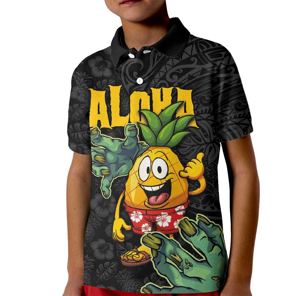 Hawaiian Halloween Kid Polo Shirt Aloha Pinapple with Mysterious Hands and Polynesian Tribal Tattoo