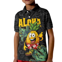 Hawaiian Halloween Kid Polo Shirt Aloha Pinapple with Mysterious Hands and Polynesian Tribal Tattoo
