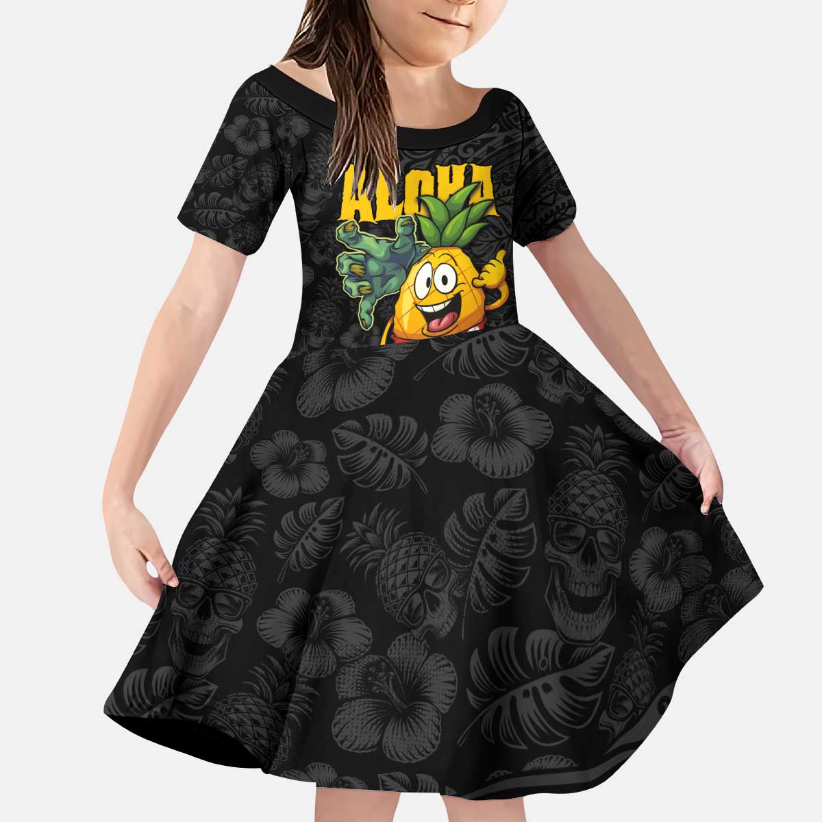 Hawaiian Halloween Kid Short Sleeve Dress Aloha Pinapple with Mysterious Hands and Polynesian Tribal Tattoo
