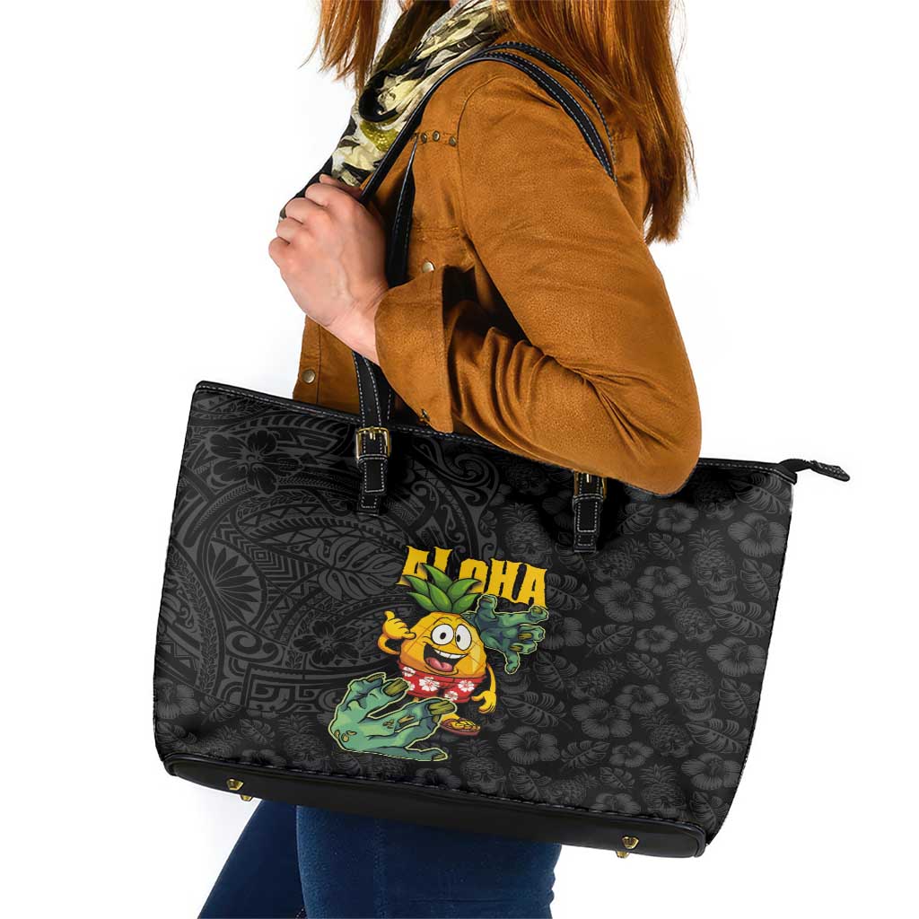 Hawaiian Halloween Leather Tote Bag Aloha Pinapple with Mysterious Hands and Polynesian Tribal Tattoo