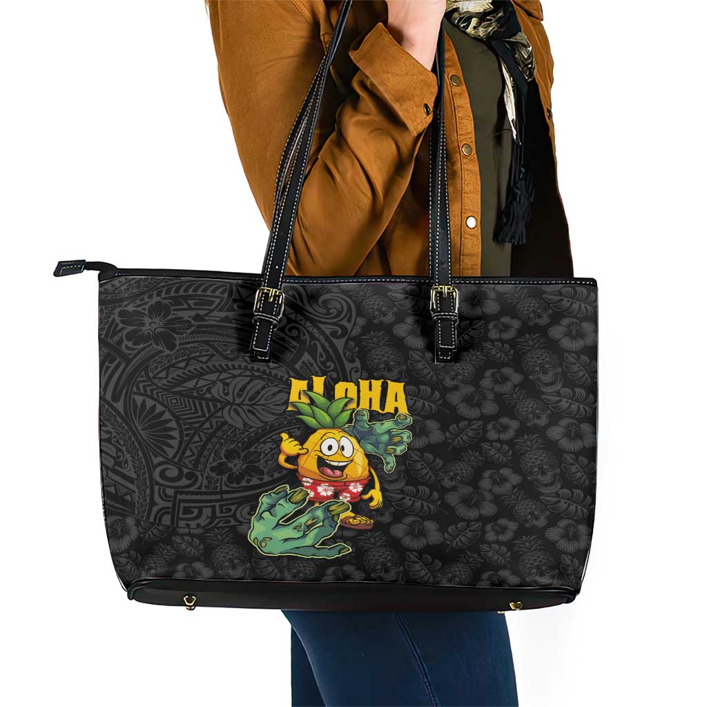 Hawaiian Halloween Leather Tote Bag Aloha Pinapple with Mysterious Hands and Polynesian Tribal Tattoo LT03 - Polynesian Pride