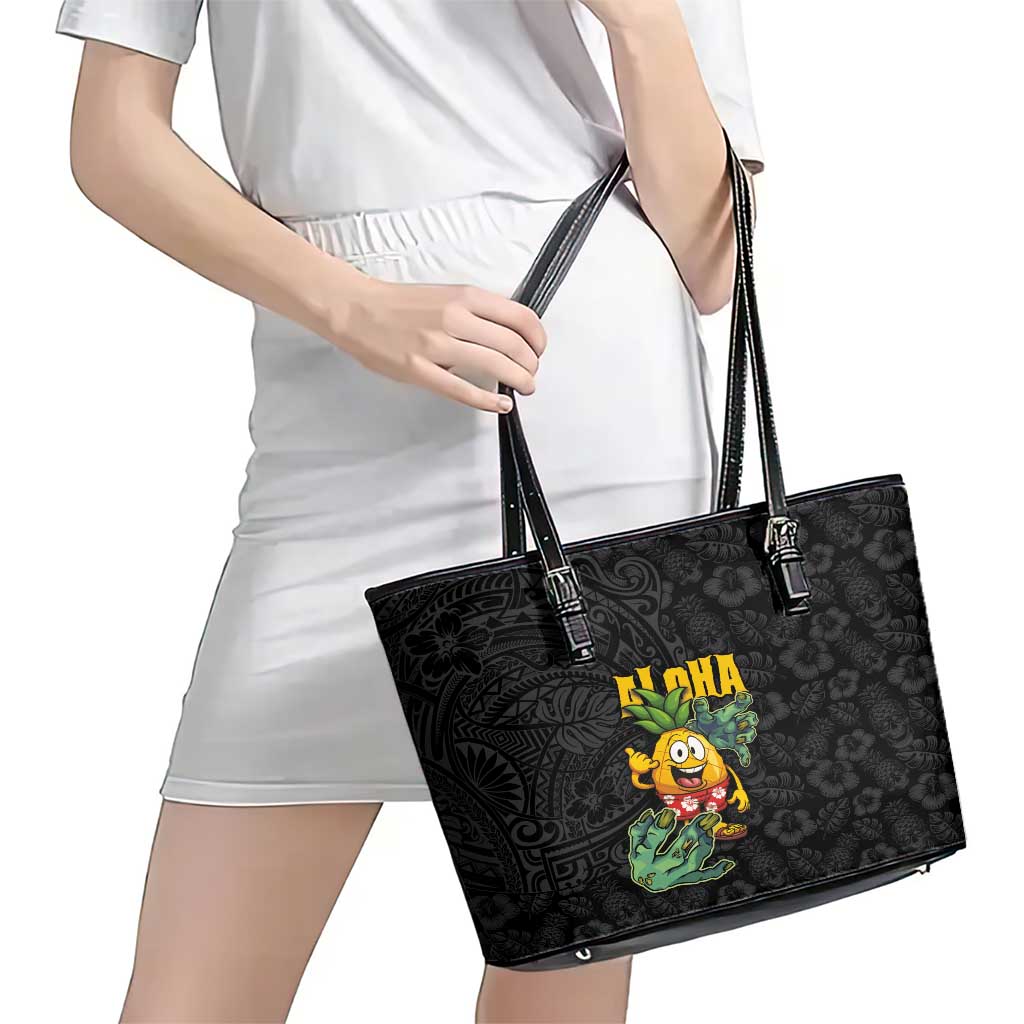Hawaiian Halloween Leather Tote Bag Aloha Pinapple with Mysterious Hands and Polynesian Tribal Tattoo LT03 - Polynesian Pride