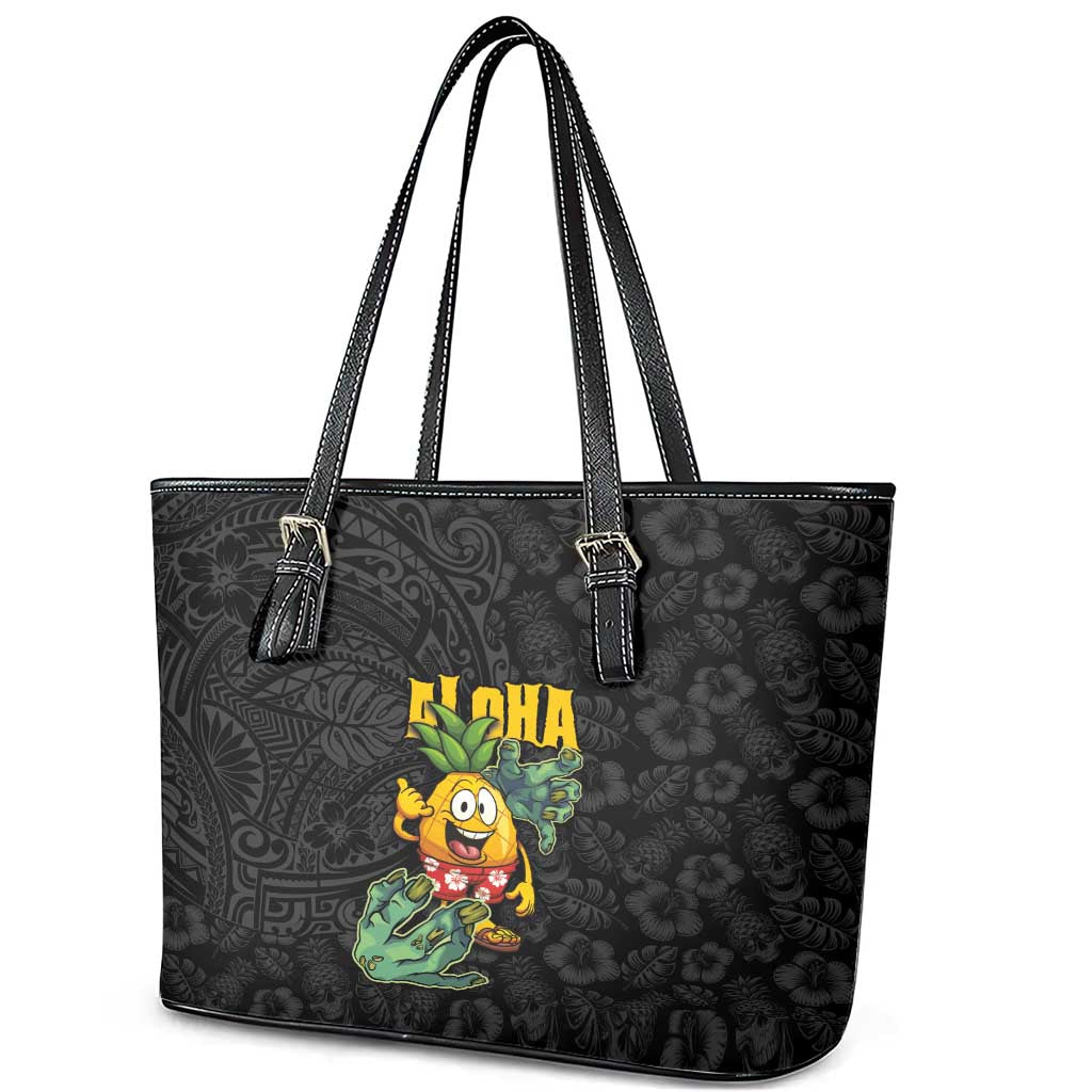Hawaiian Halloween Leather Tote Bag Aloha Pinapple with Mysterious Hands and Polynesian Tribal Tattoo LT03 - Polynesian Pride