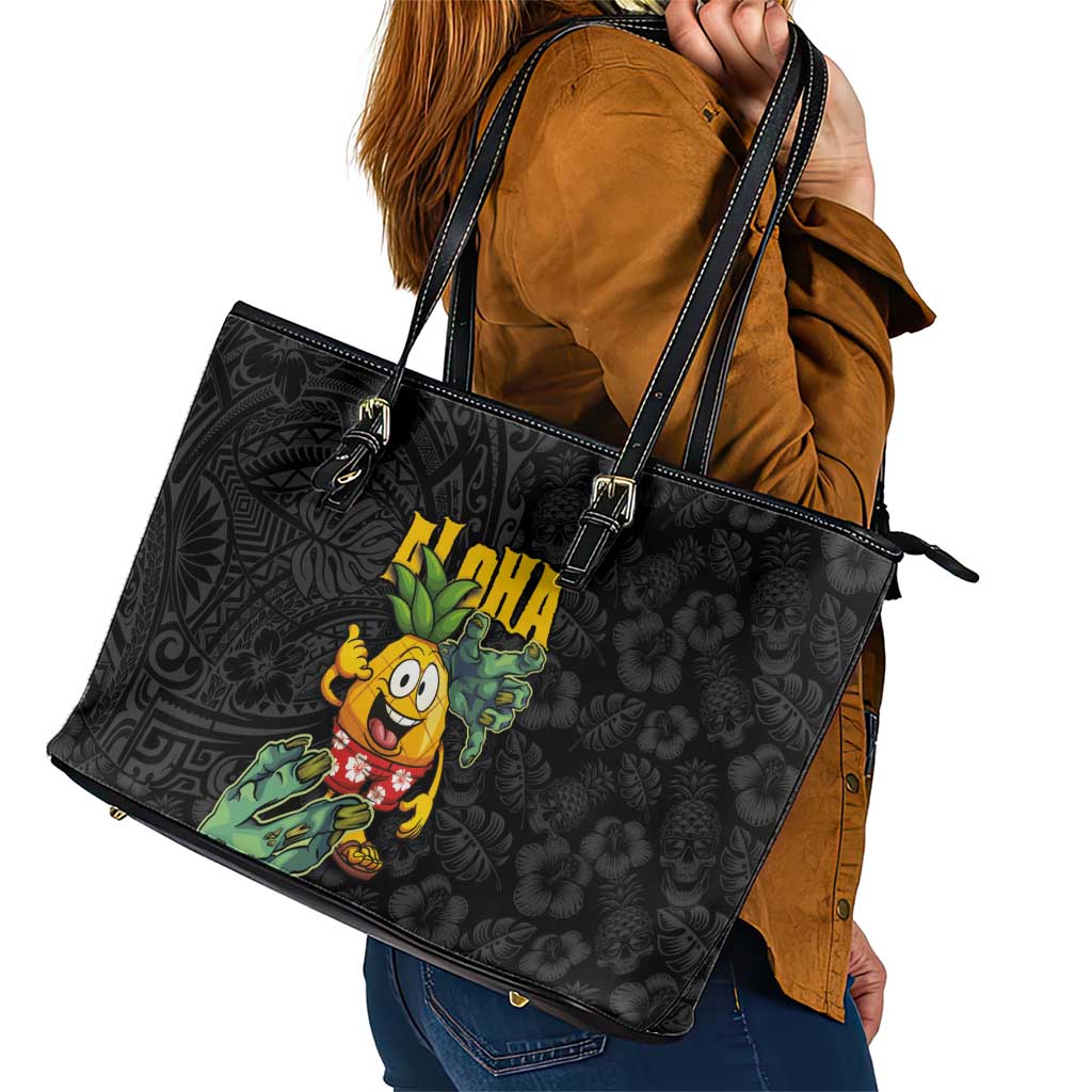 Hawaiian Halloween Leather Tote Bag Aloha Pinapple with Mysterious Hands and Polynesian Tribal Tattoo LT03 - Polynesian Pride