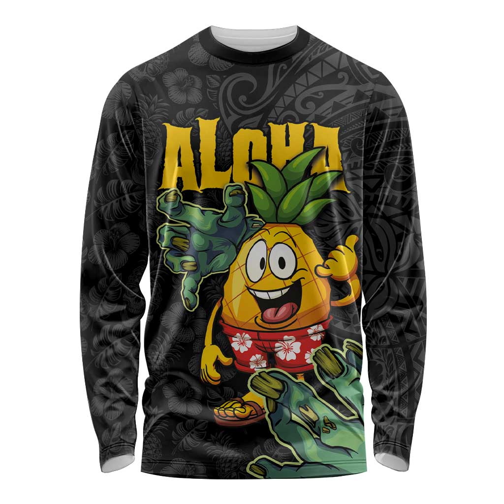 Hawaiian Halloween Long Sleeve Shirt Aloha Pinapple with Mysterious Hands and Polynesian Tribal Tattoo