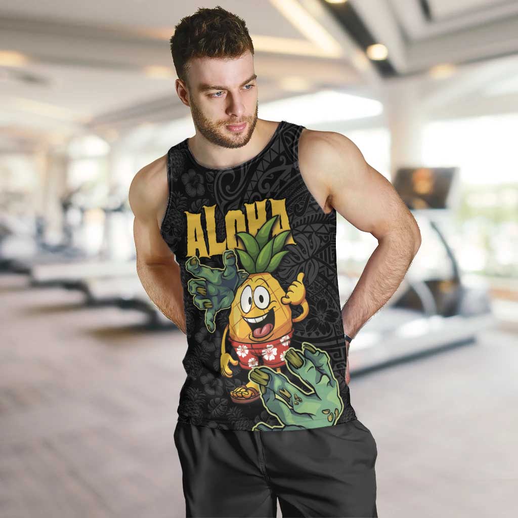 Hawaiian Halloween Men Tank Top Aloha Pinapple with Mysterious Hands and Polynesian Tribal Tattoo LT03 Black - Polynesian Pride