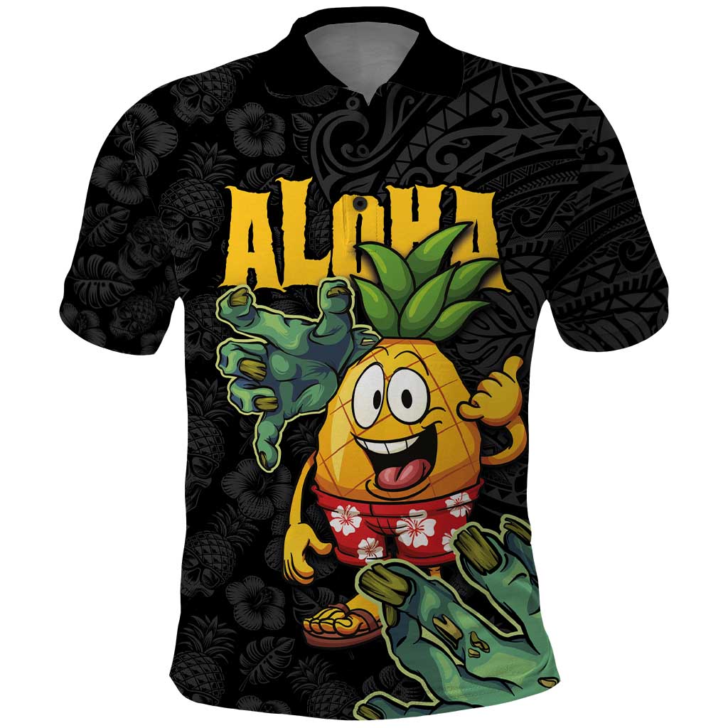 Hawaiian Halloween Polo Shirt Aloha Pinapple with Mysterious Hands and Polynesian Tribal Tattoo