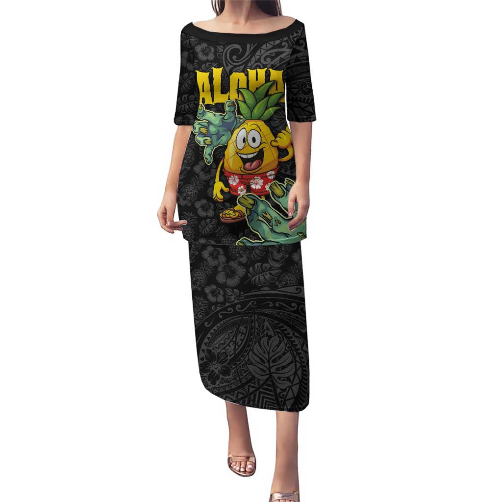 Hawaiian Halloween Puletasi Aloha Pinapple with Mysterious Hands and Polynesian Tribal Tattoo LT03 Long Dress Black - Polynesian Pride