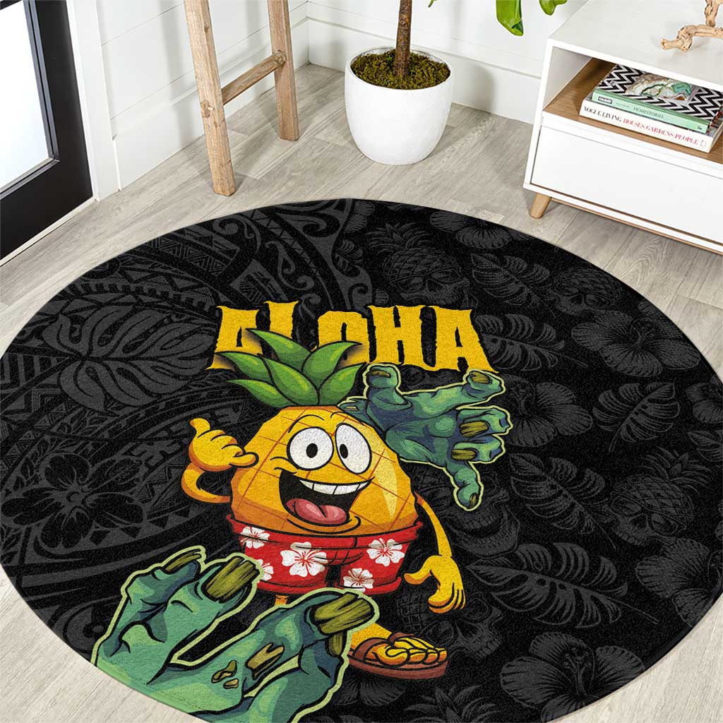 Hawaiian Halloween Round Carpet Aloha Pinapple with Mysterious Hands and Polynesian Tribal Tattoo