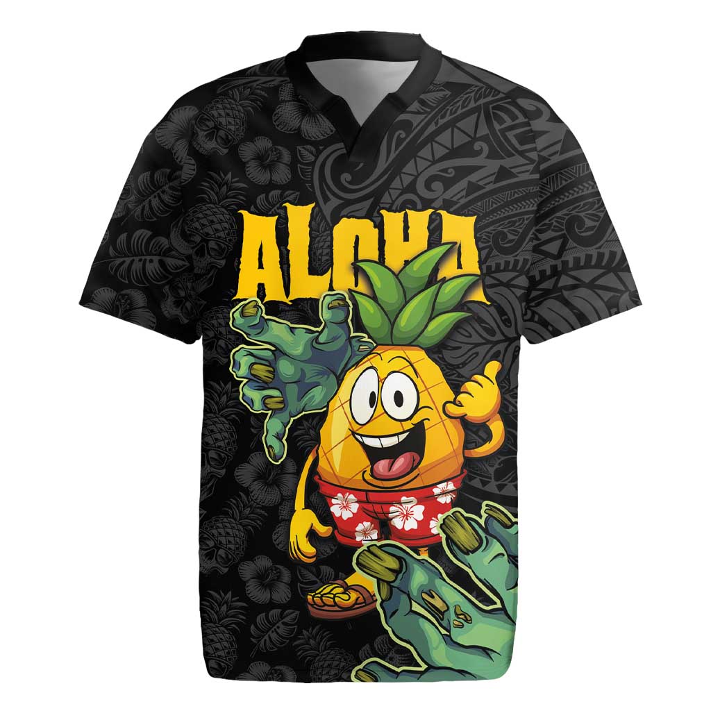 Hawaiian Halloween Rugby Jersey Aloha Pinapple with Mysterious Hands and Polynesian Tribal Tattoo LT03 Black - Polynesian Pride