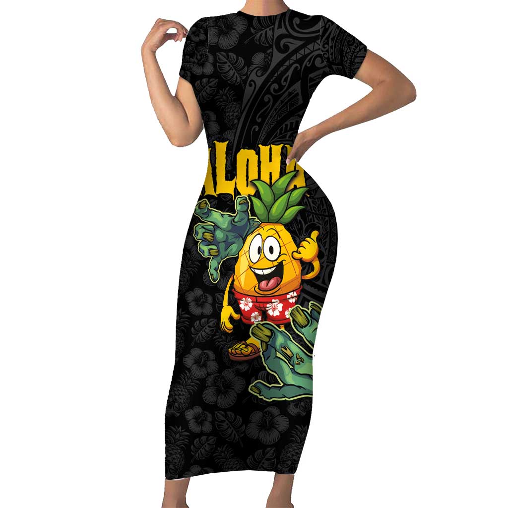 Hawaiian Halloween Short Sleeve Bodycon Dress Aloha Pinapple with Mysterious Hands and Polynesian Tribal Tattoo