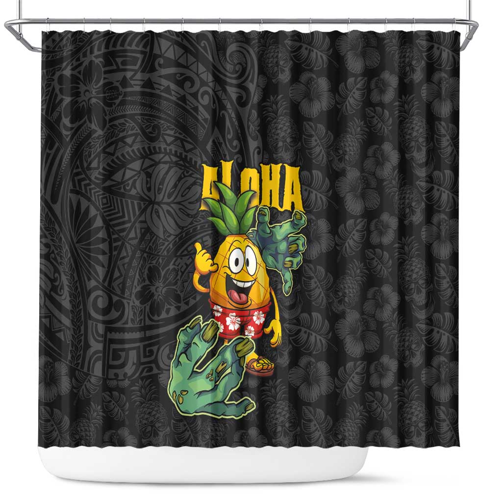 Hawaiian Halloween Shower Curtain Aloha Pinapple with Mysterious Hands and Polynesian Tribal Tattoo