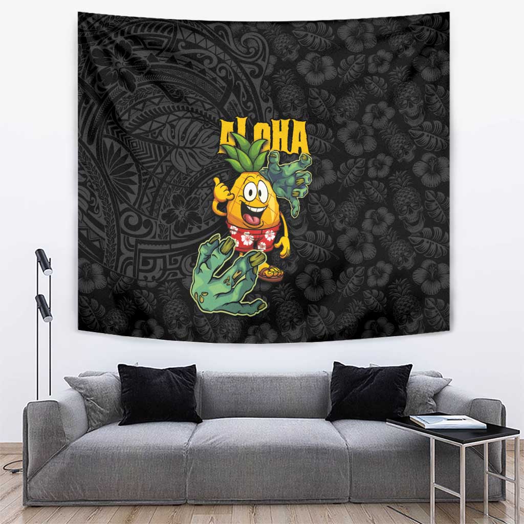 Hawaiian Halloween Tapestry Aloha Pinapple with Mysterious Hands and Polynesian Tribal Tattoo