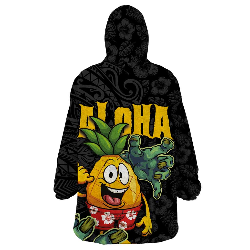 Hawaiian Halloween Wearable Blanket Hoodie Aloha Pinapple with Mysterious Hands and Polynesian Tribal Tattoo