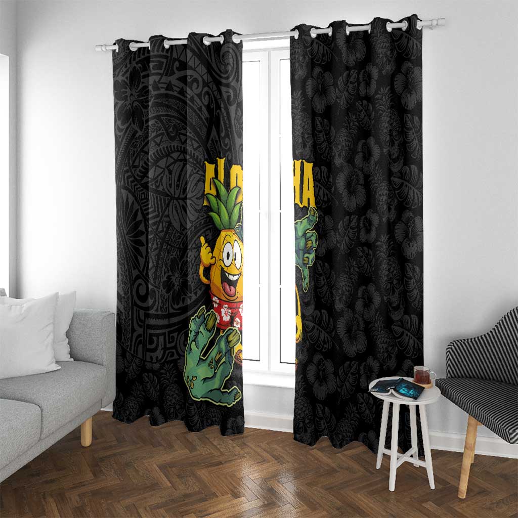 Hawaiian Halloween Window Curtain Aloha Pinapple with Mysterious Hands and Polynesian Tribal Tattoo LT03 With Grommets Black - Polynesian Pride