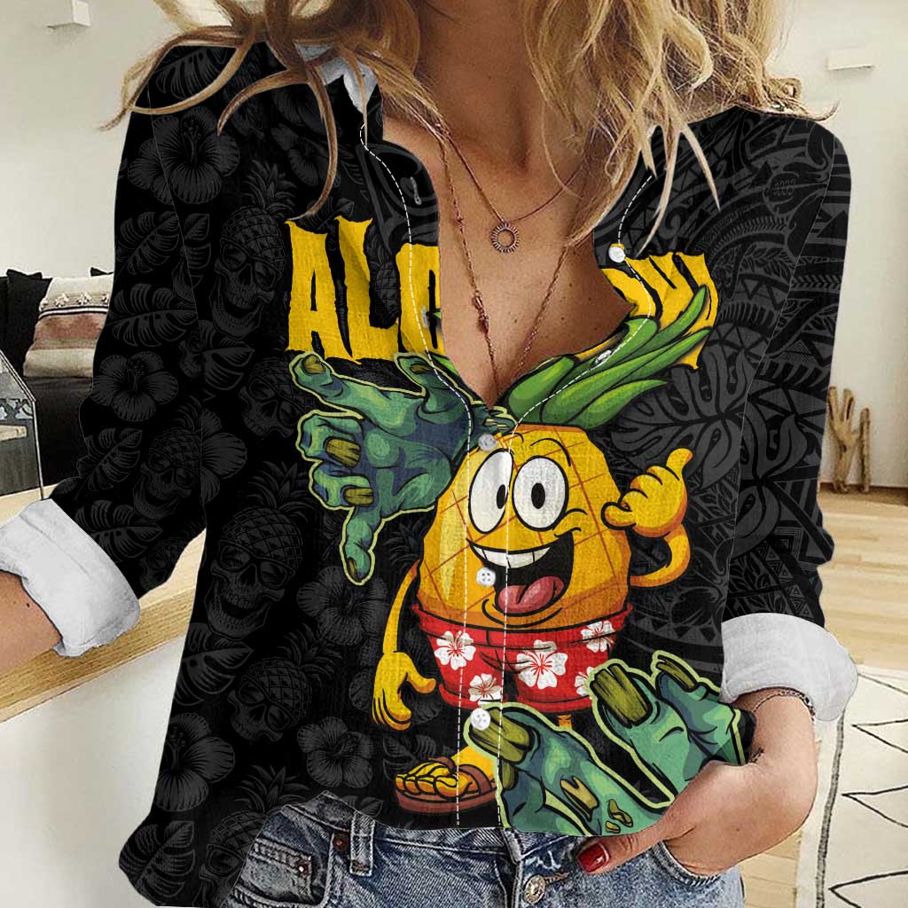 Hawaiian Halloween Women Casual Shirt Aloha Pinapple with Mysterious Hands and Polynesian Tribal Tattoo