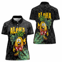 Hawaiian Halloween Women Polo Shirt Aloha Pinapple with Mysterious Hands and Polynesian Tribal Tattoo