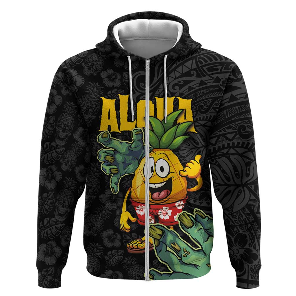 Hawaiian Halloween Zip Hoodie Aloha Pinapple with Mysterious Hands and Polynesian Tribal Tattoo