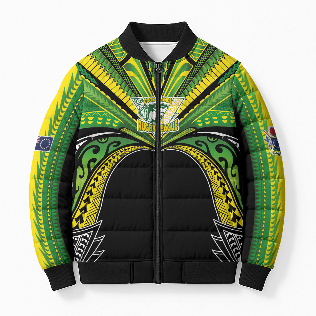 Cook Islands Rugby League Custom Bomber Puffer Jacket Polynesian and Tatau Tribal Art - Black Color
