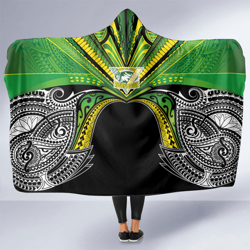 Cook Islands Rugby League Hooded Blanket Polynesian and Tatau Tribal Art - Black Color