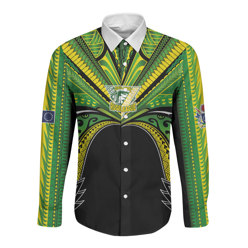 Cook Islands Rugby League Custom Long Sleeve Button Shirt Polynesian and Tatau Tribal Art - Black Color