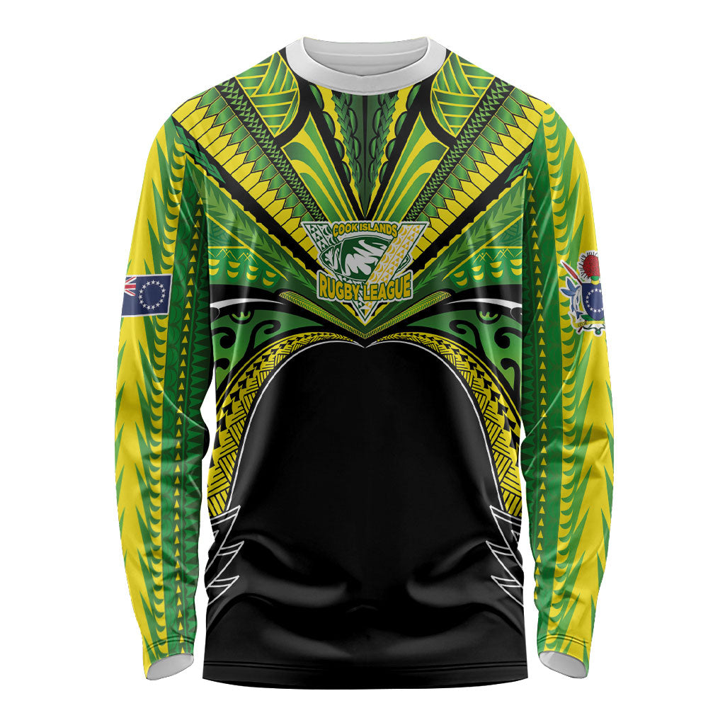 Cook Islands Rugby League Custom Long Sleeve Shirt Polynesian and Tatau Tribal Art - Black Color