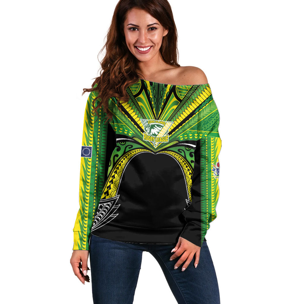 Cook Islands Rugby League Custom Off Shoulder Sweater Polynesian and Tatau Tribal Art - Black Color