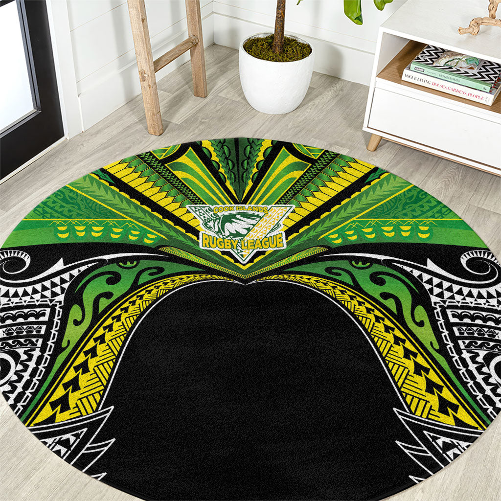 Cook Islands Rugby League Round Carpet Polynesian and Tatau Tribal Art - Black Color