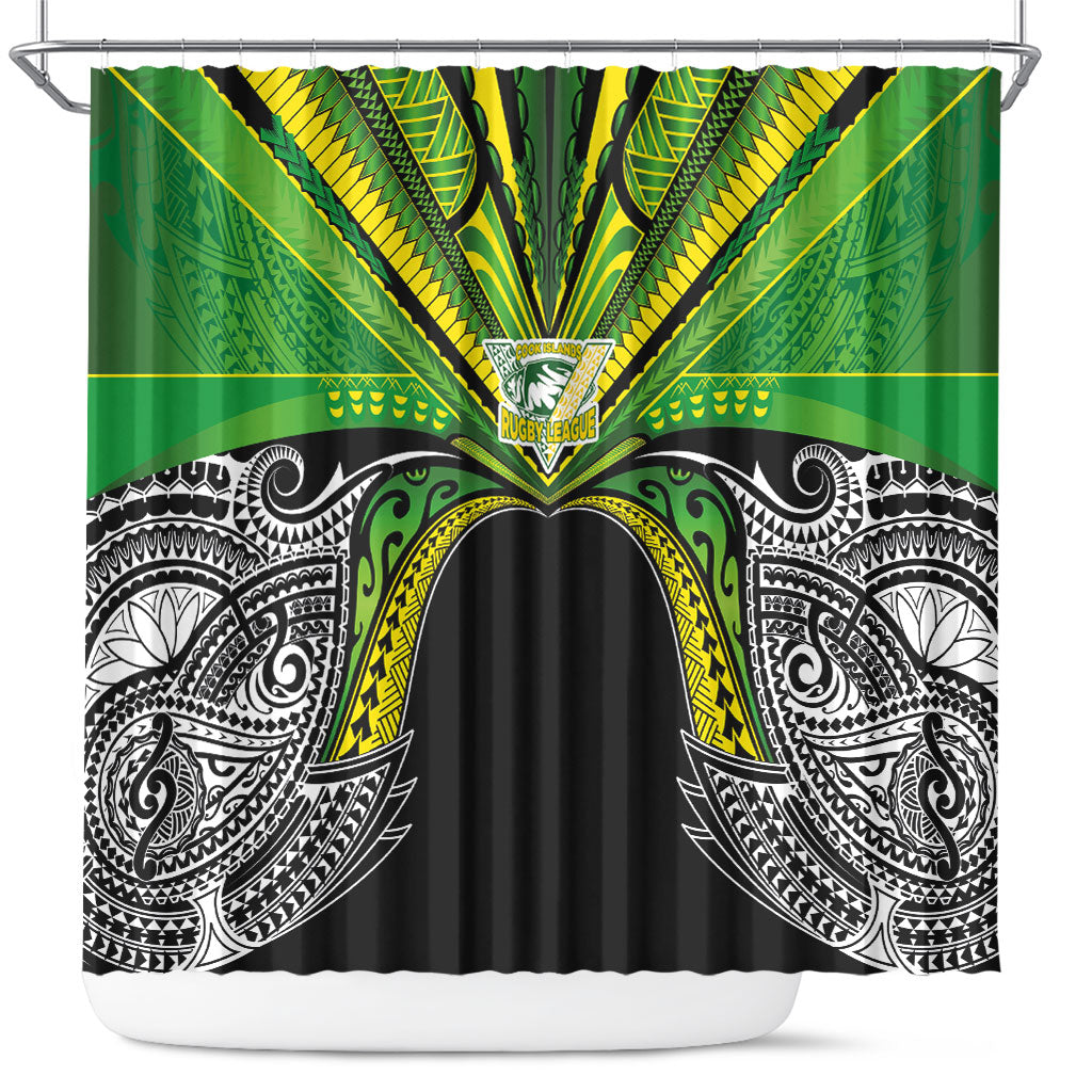 Cook Islands Rugby League Shower Curtain Polynesian and Tatau Tribal Art - Black Color
