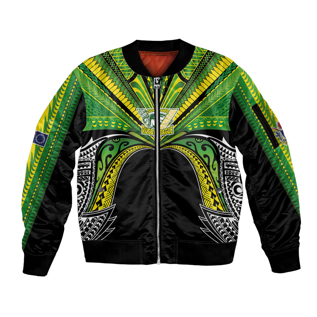 Cook Islands Rugby League Custom Sleeve Zip Bomber Jacket Polynesian and Tatau Tribal Art - Black Color