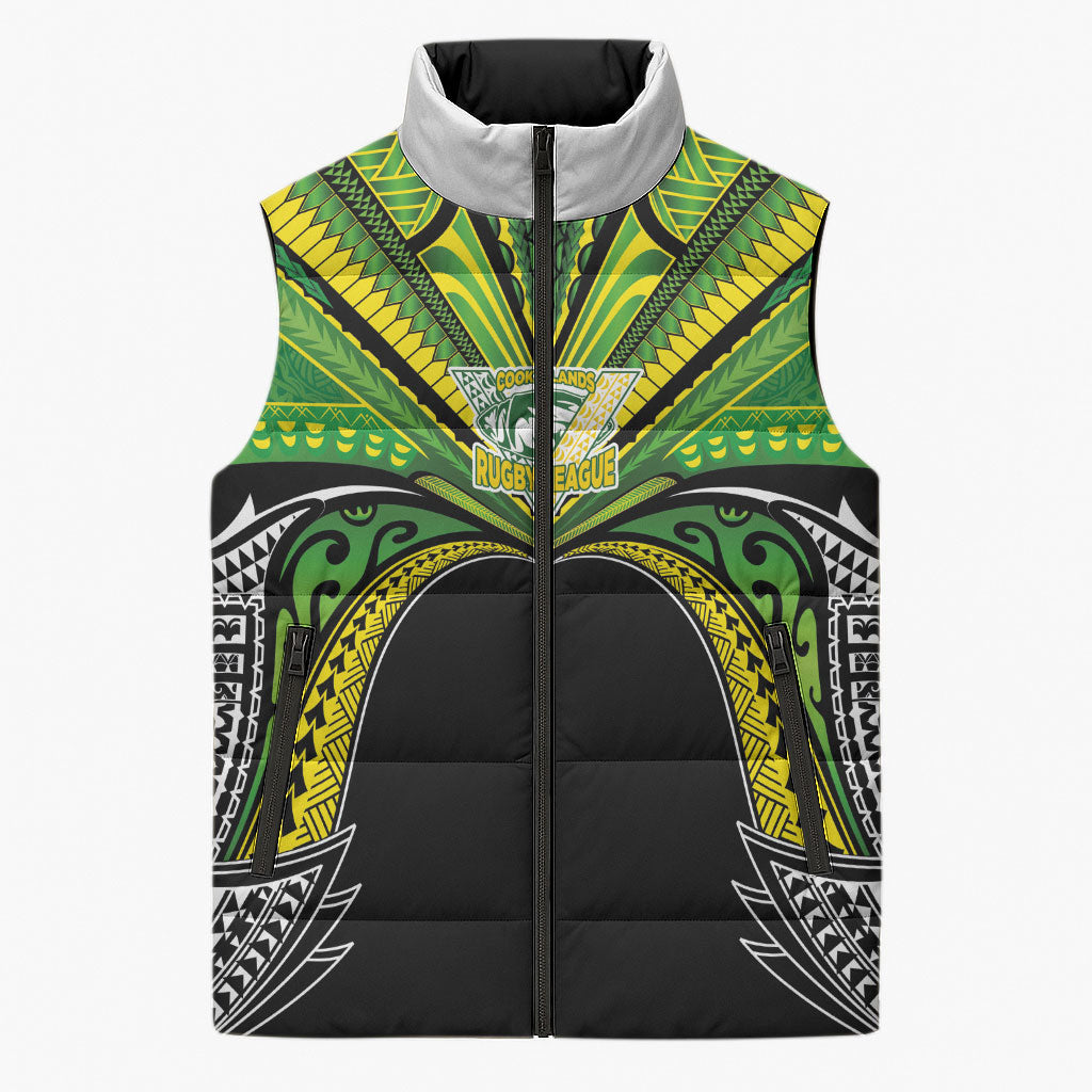 Cook Islands Rugby League Custom Sleeveless Puffer Jacket Polynesian and Tatau Tribal Art - Black Color