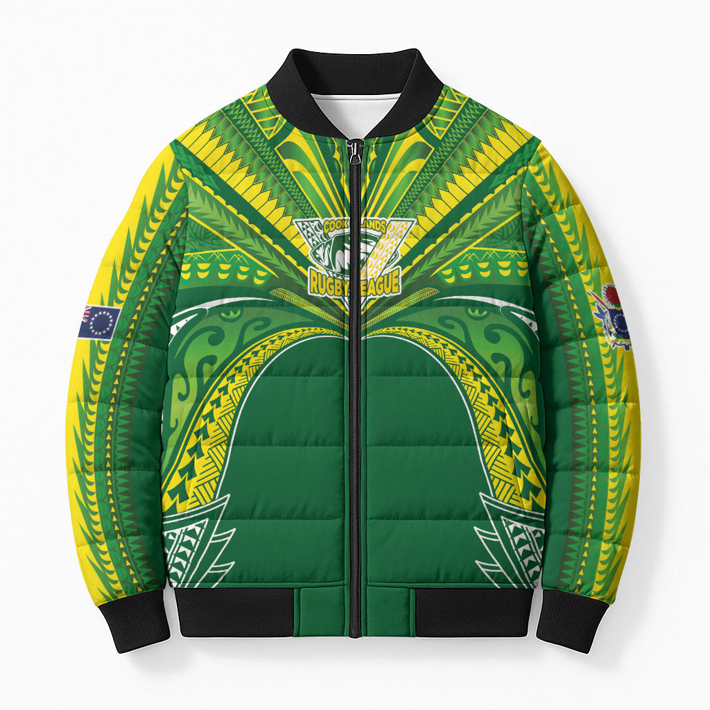 Cook Islands Rugby League Custom Bomber Puffer Jacket Polynesian and Tatau Tribal Art - Green Color