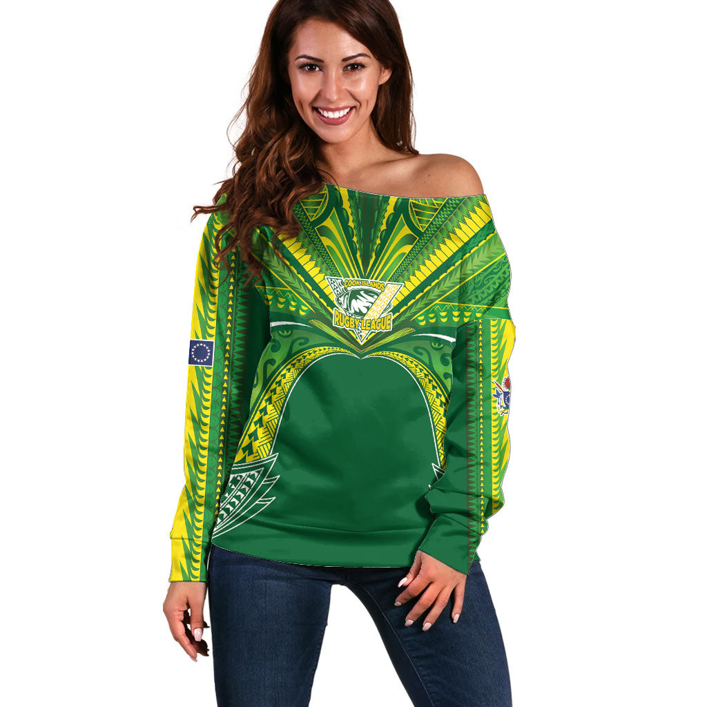 Cook Islands Rugby League Custom Off Shoulder Sweater Polynesian and Tatau Tribal Art - Green Color
