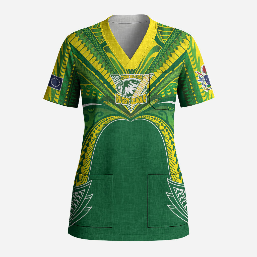 Cook Islands Rugby League Custom Scrub Top Polynesian and Tatau Tribal Art - Green Color