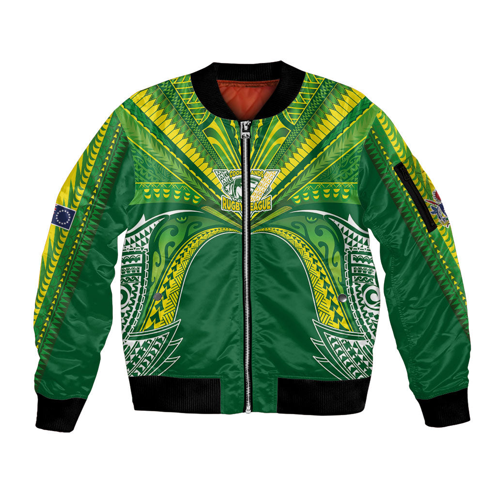 Cook Islands Rugby League Custom Sleeve Zip Bomber Jacket Polynesian and Tatau Tribal Art - Green Color
