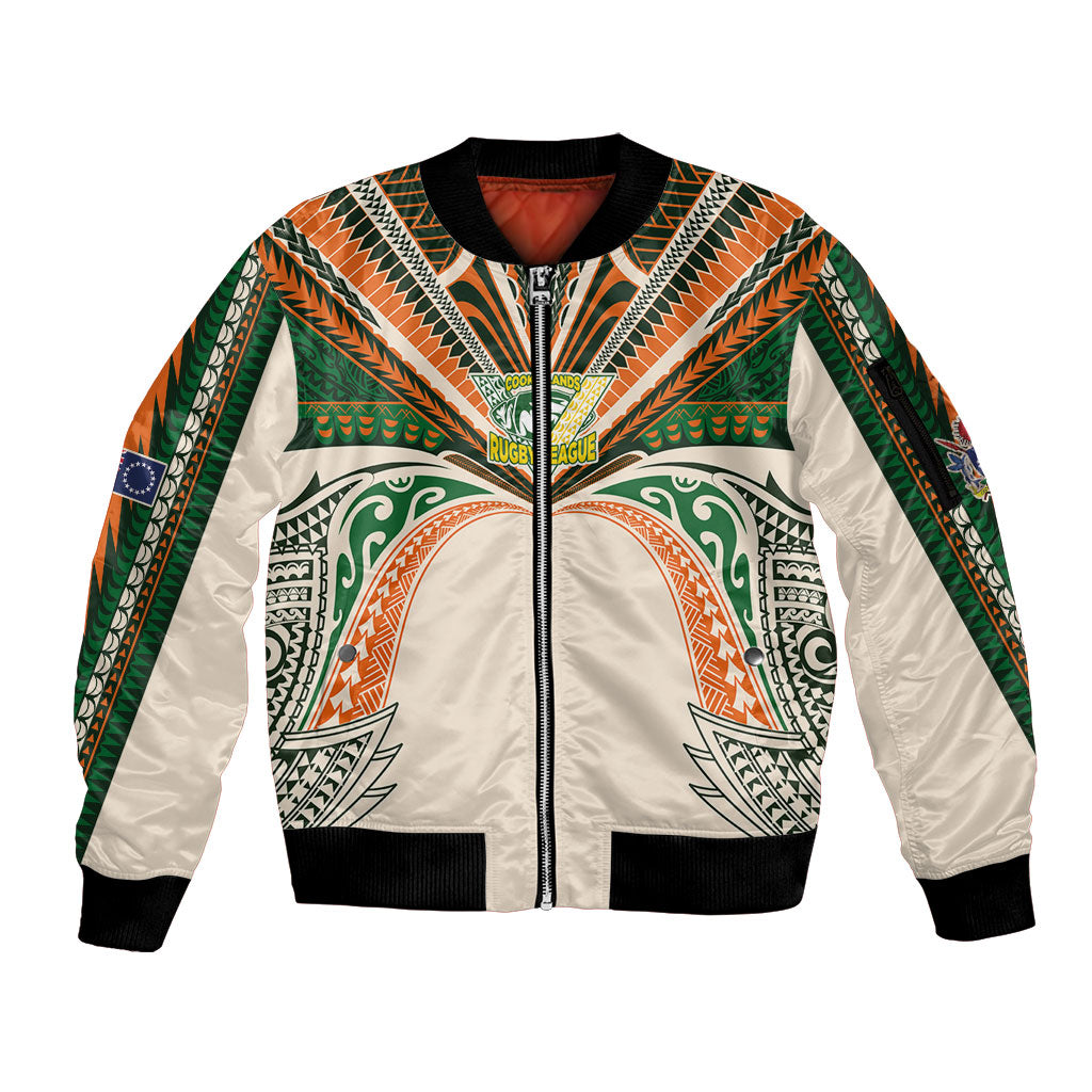 Cook Islands Rugby League Custom Sleeve Zip Bomber Jacket Polynesian and Tatau Tribal Art - Retro Palette