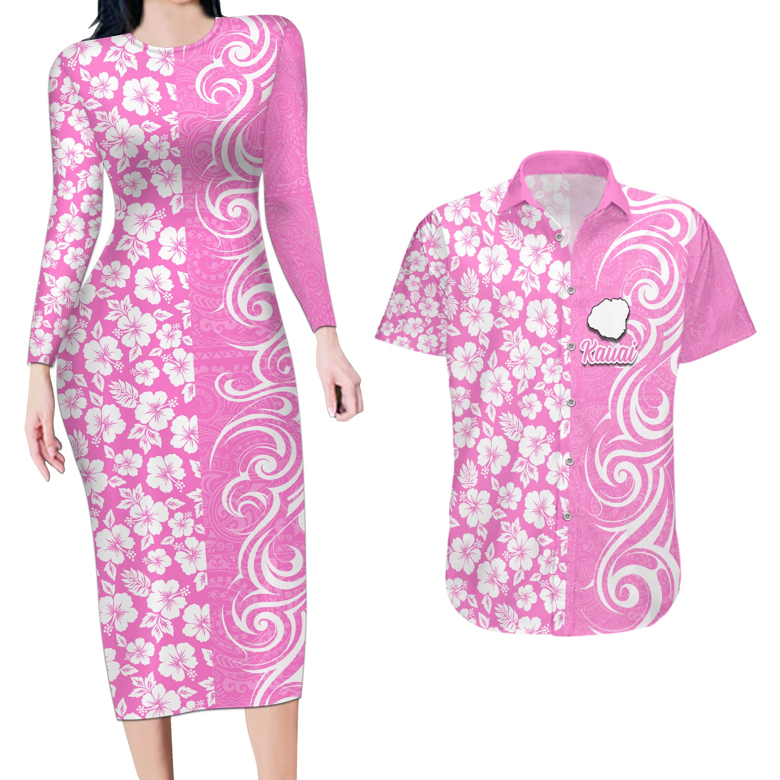 Hawaii Kauai Island Couples Matching Long Sleeve Bodycon Dress and Hawaiian Shirt Hibiscus Pattern Seamless Tribal Simple Pink LT03 Pink - Polynesian Pride