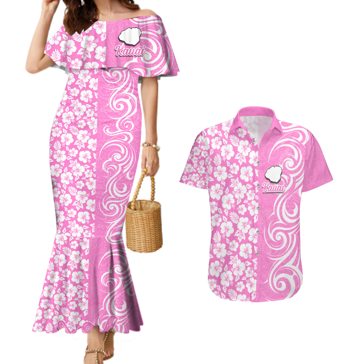 Hawaii Kauai Island Couples Matching Mermaid Dress and Hawaiian Shirt Hibiscus Pattern Seamless Tribal Simple Pink LT03 Pink - Polynesian Pride