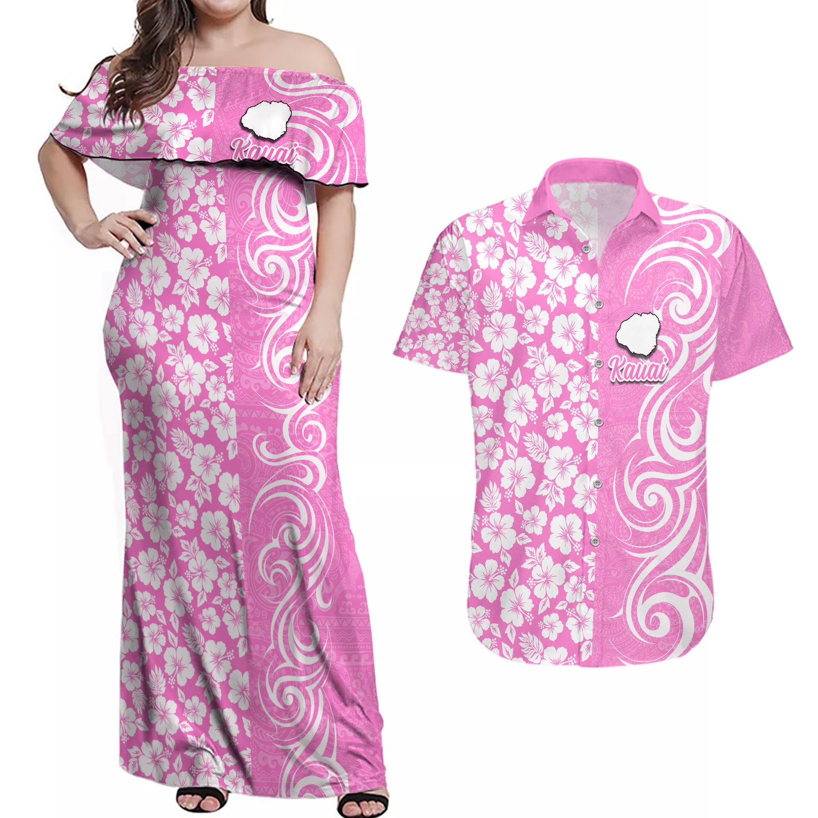 Hawaii Kauai Island Couples Matching Off Shoulder Maxi Dress and Hawaiian Shirt Hibiscus Pattern Seamless Tribal Simple Pink LT03 Pink - Polynesian Pride