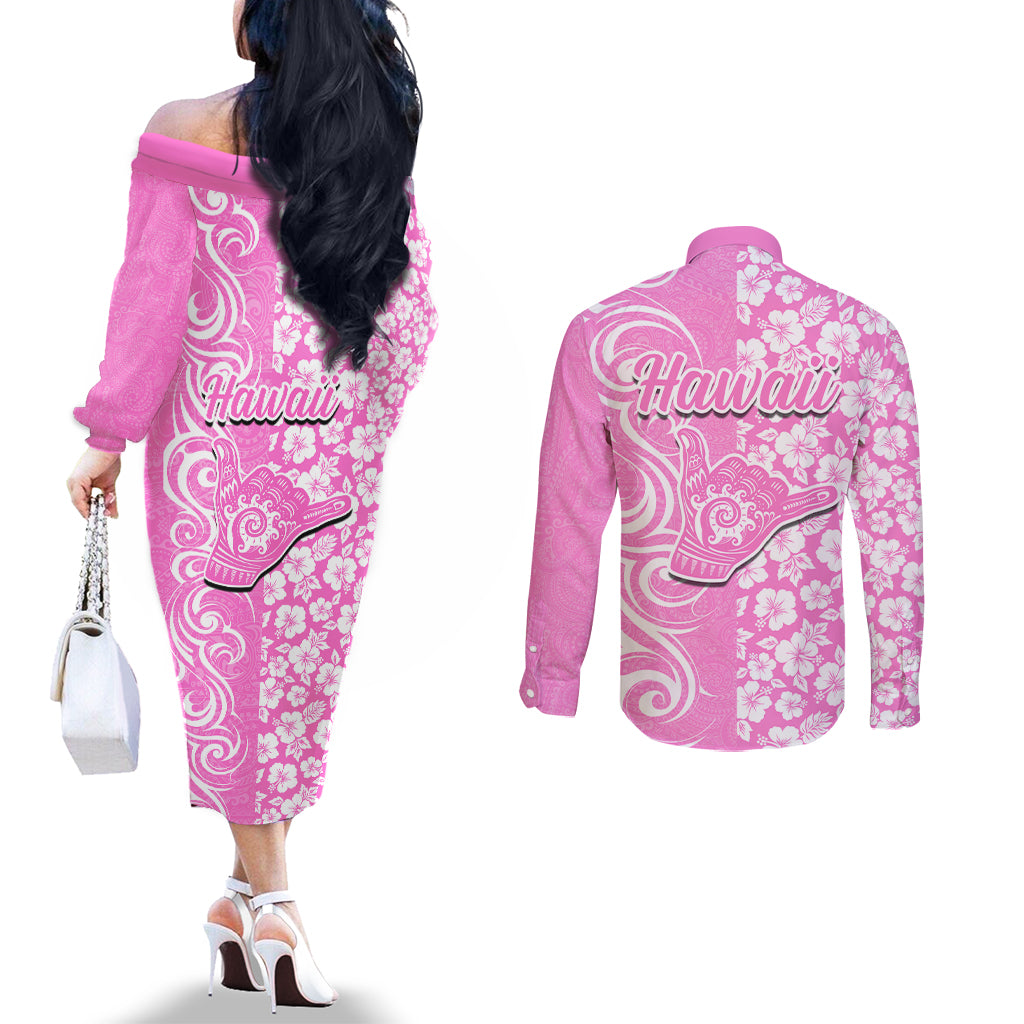 Hawaii Kauai Island Couples Matching Off The Shoulder Long Sleeve Dress and Long Sleeve Button Shirts Hibiscus Pattern Seamless Tribal Simple Pink LT03 - Polynesian Pride