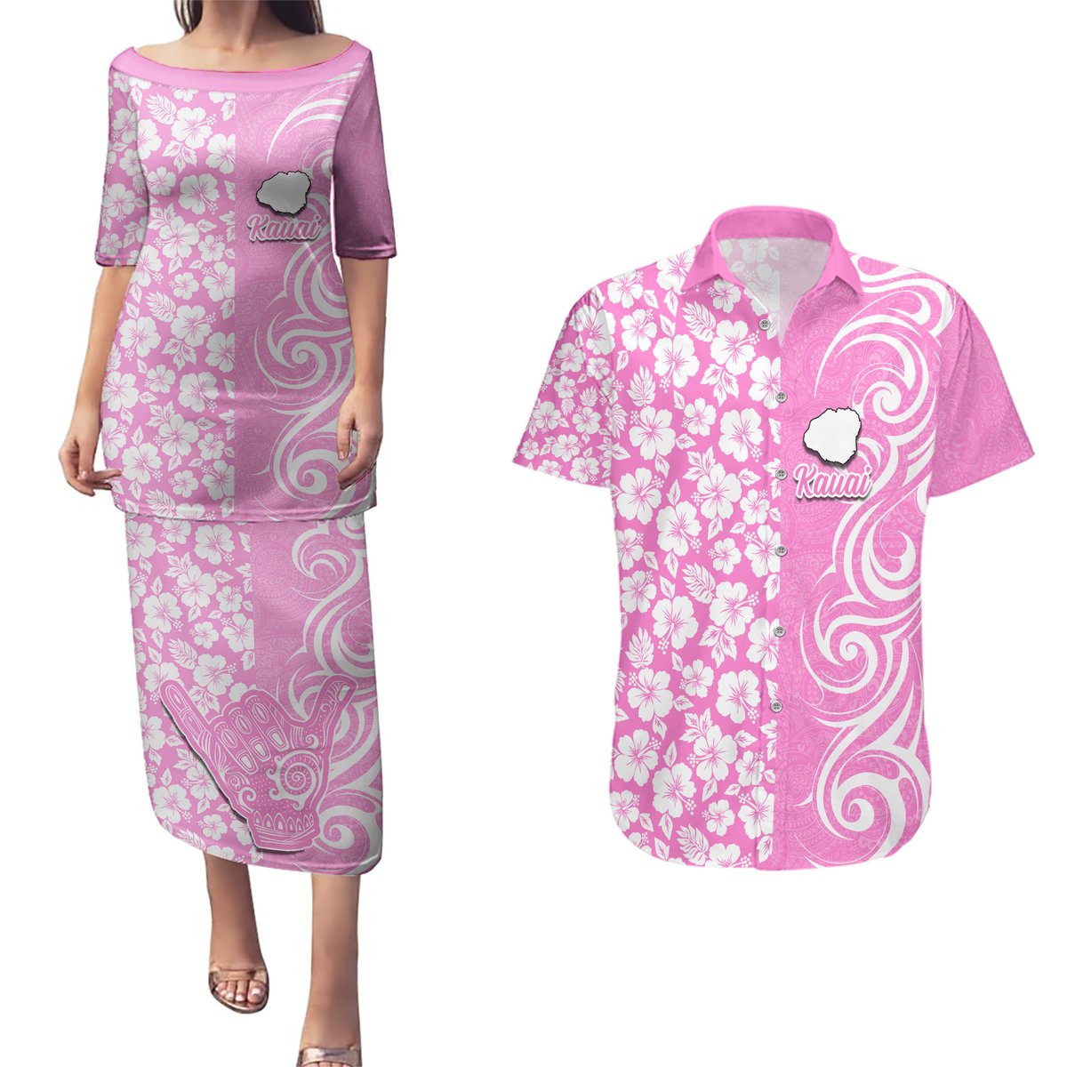 Hawaii Kauai Island Couples Matching Puletasi Dress and Hawaiian Shirt Hibiscus Pattern Seamless Tribal Simple Pink LT03 Pink - Polynesian Pride
