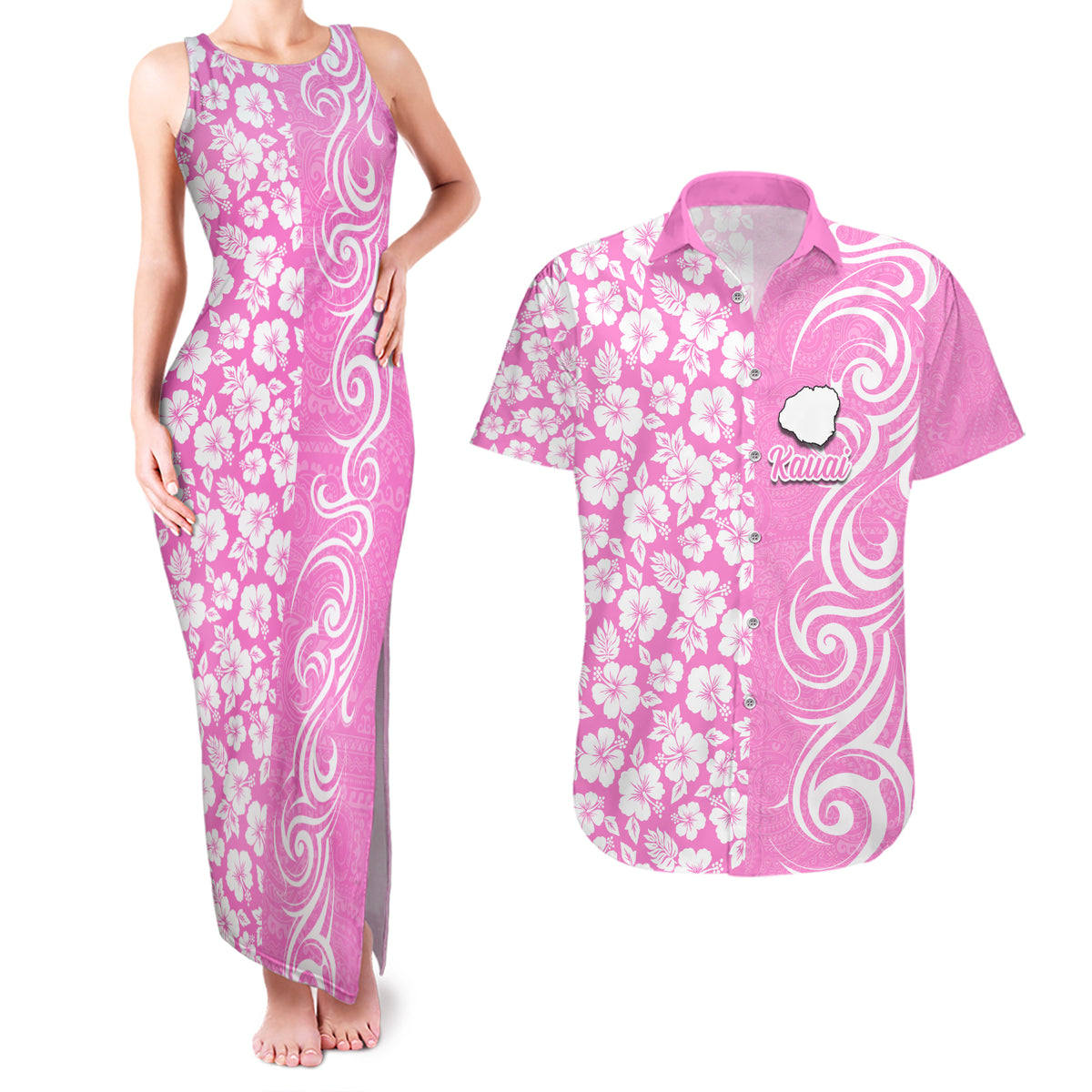 Hawaii Kauai Island Couples Matching Tank Maxi Dress and Hawaiian Shirt Hibiscus Pattern Seamless Tribal Simple Pink LT03 Pink - Polynesian Pride