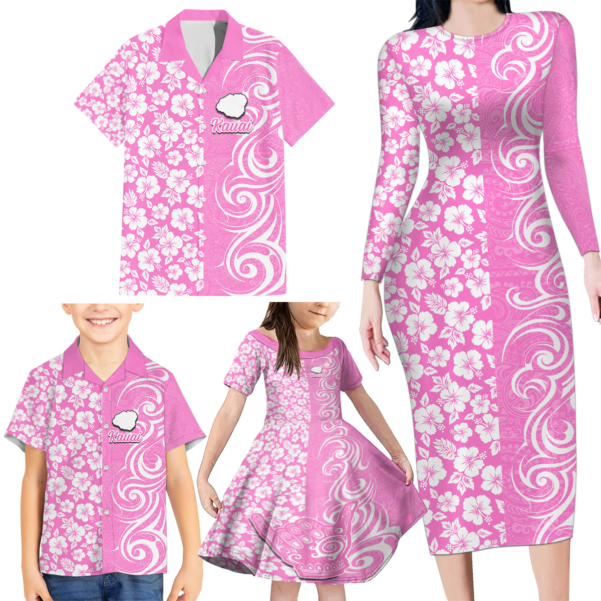 Hawaii Kauai Island Family Matching Long Sleeve Bodycon Dress and Hawaiian Shirt Hibiscus Pattern Seamless Tribal Simple Pink LT03 - Polynesian Pride