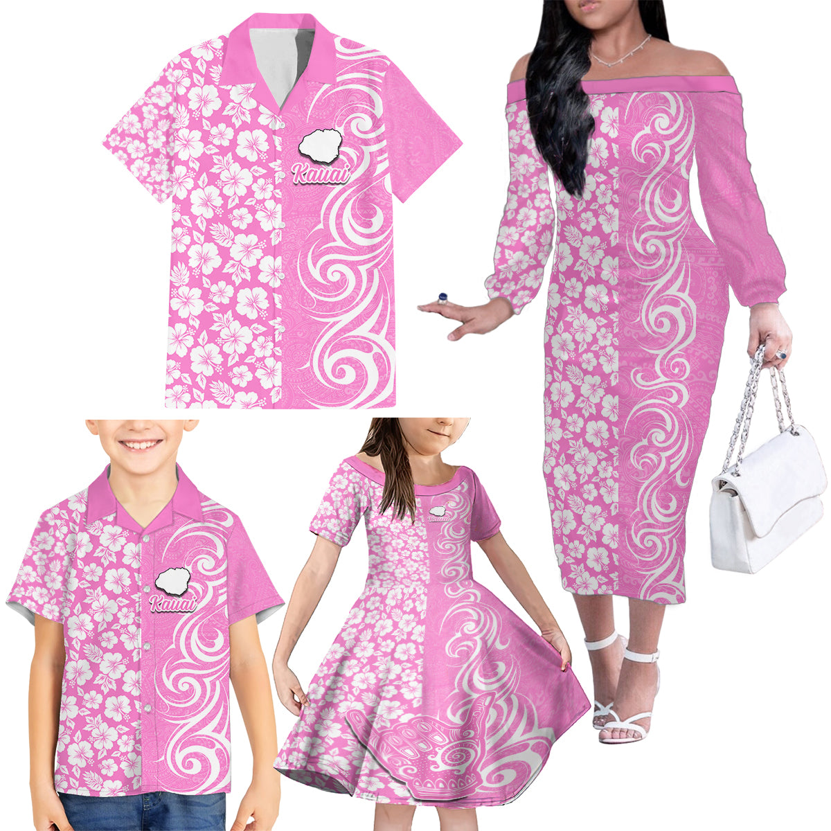 Hawaii Kauai Island Family Matching Off Shoulder Long Sleeve Dress and Hawaiian Shirt Hibiscus Pattern Seamless Tribal Simple Pink LT03 - Polynesian Pride