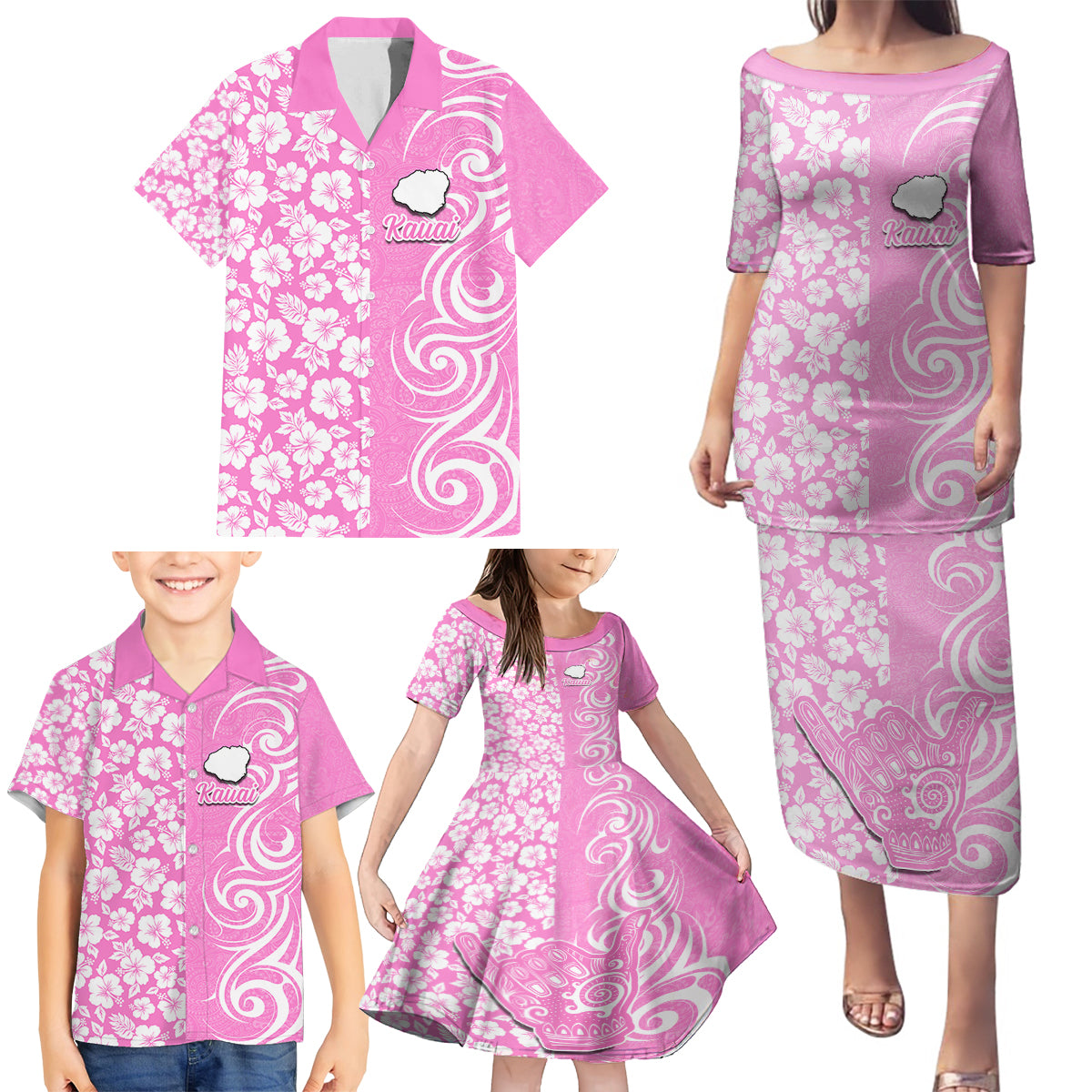 Hawaii Kauai Island Family Matching Puletasi Dress and Hawaiian Shirt Hibiscus Pattern Seamless Tribal Simple Pink LT03 - Polynesian Pride