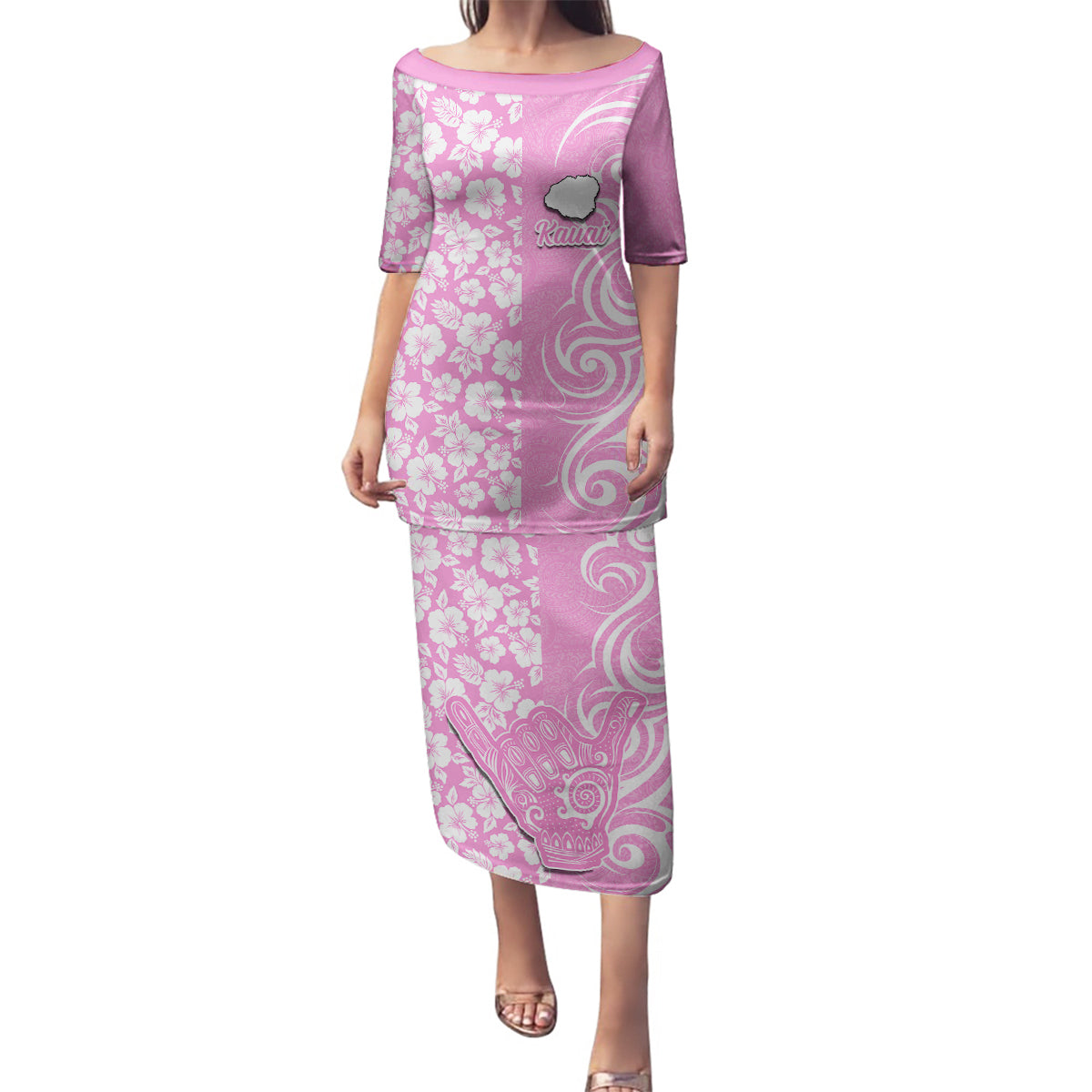 Hawaii Kauai Island Family Matching Puletasi Dress and Hawaiian Shirt Hibiscus Pattern Seamless Tribal Simple Pink LT03 Mom's Dress Pink - Polynesian Pride