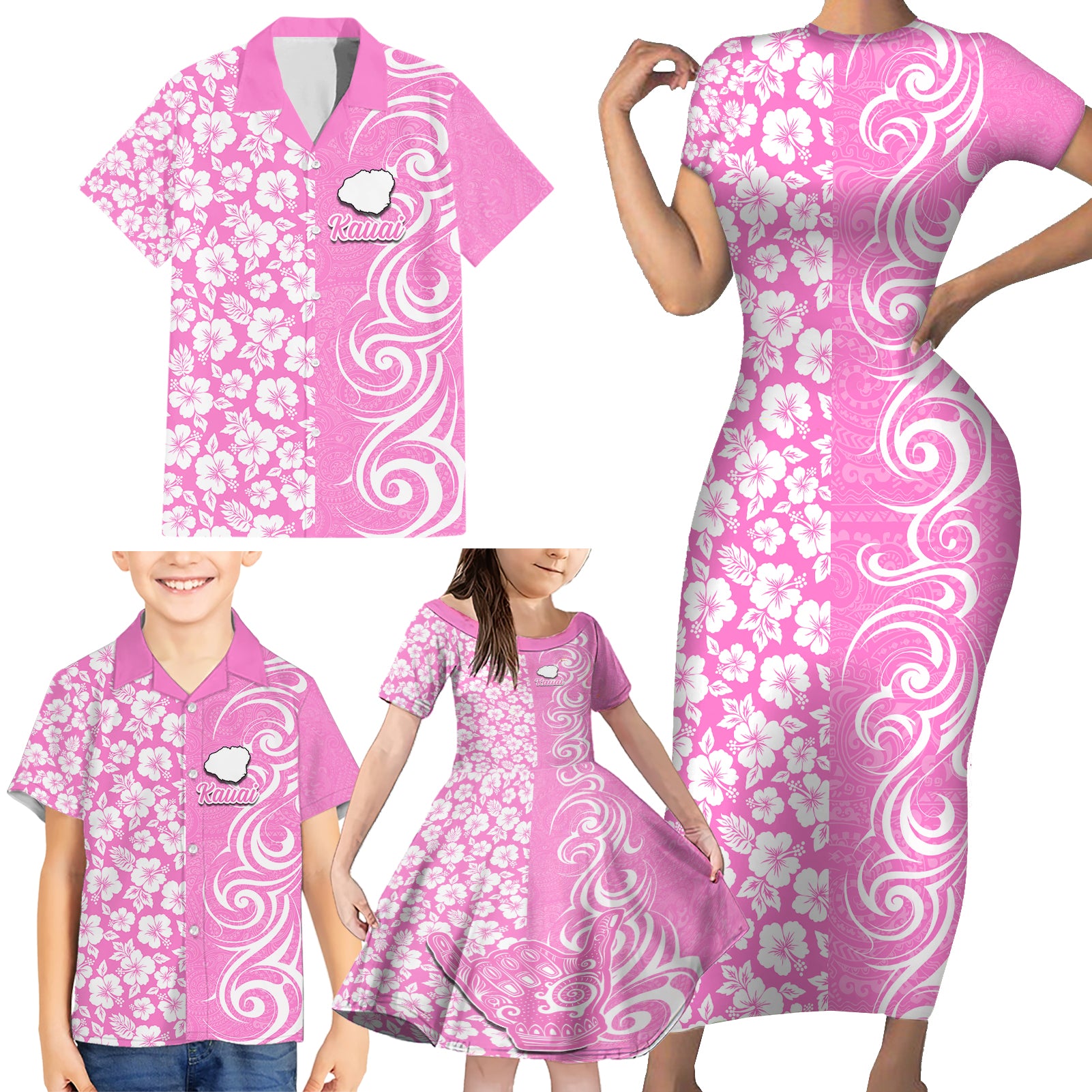 Hawaii Kauai Island Family Matching Short Sleeve Bodycon Dress and Hawaiian Shirt Hibiscus Pattern Seamless Tribal Simple Pink LT03 - Polynesian Pride