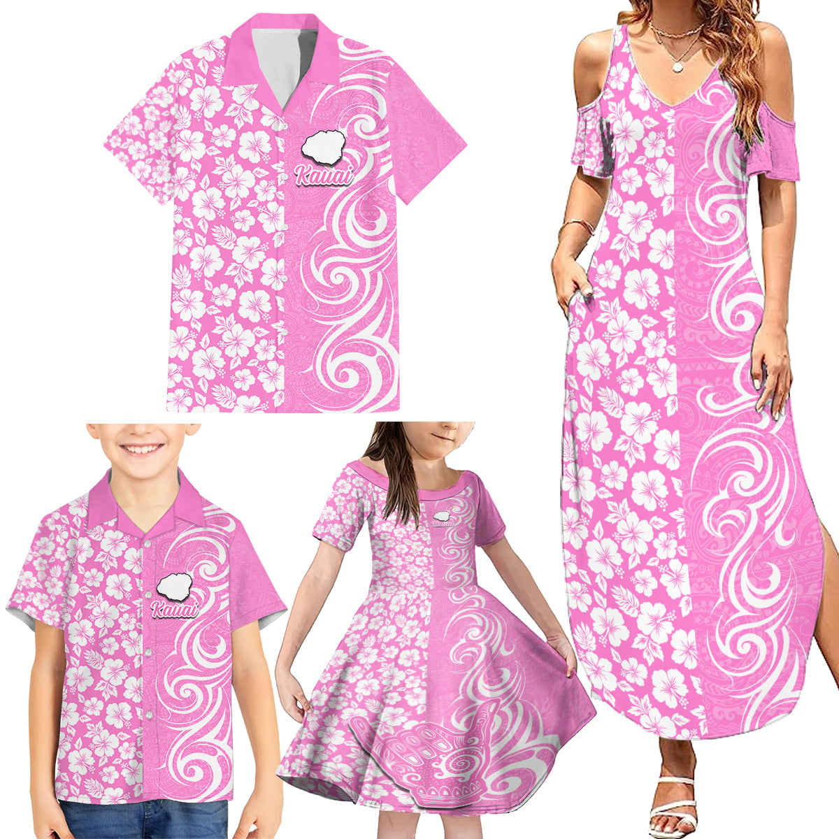 Hawaii Kauai Island Family Matching Summer Maxi Dress and Hawaiian Shirt Hibiscus Pattern Seamless Tribal Simple Pink LT03 - Polynesian Pride