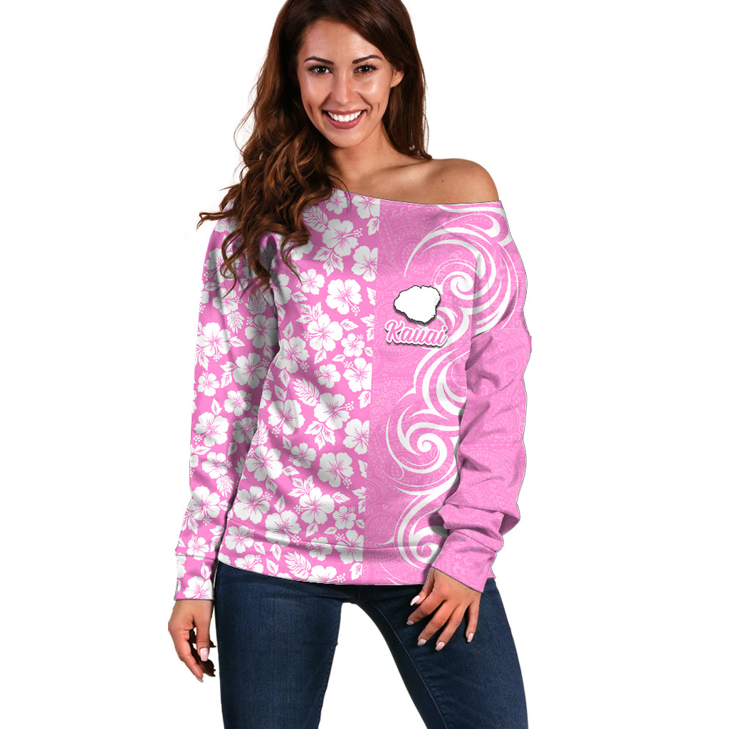 Hawaii Kauai Island Off Shoulder Sweater Hibiscus Pattern Seamless Tribal Simple Pink LT03 Women Pink - Polynesian Pride