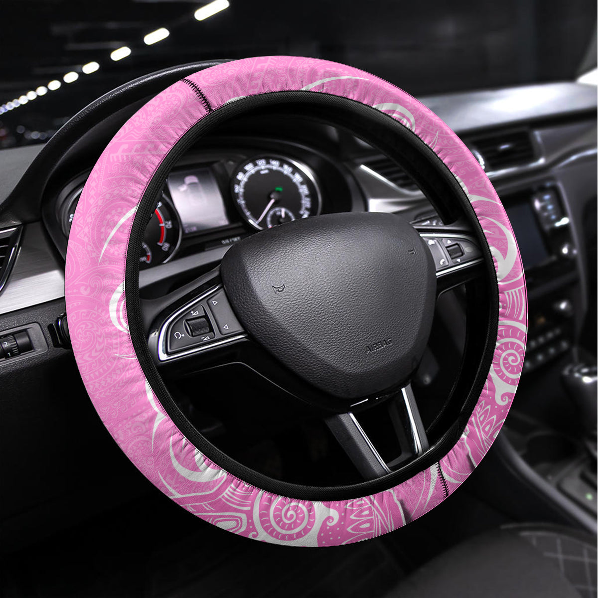 Hawaii Kauai Island Steering Wheel Cover Hibiscus Pattern Seamless Tribal Simple Pink